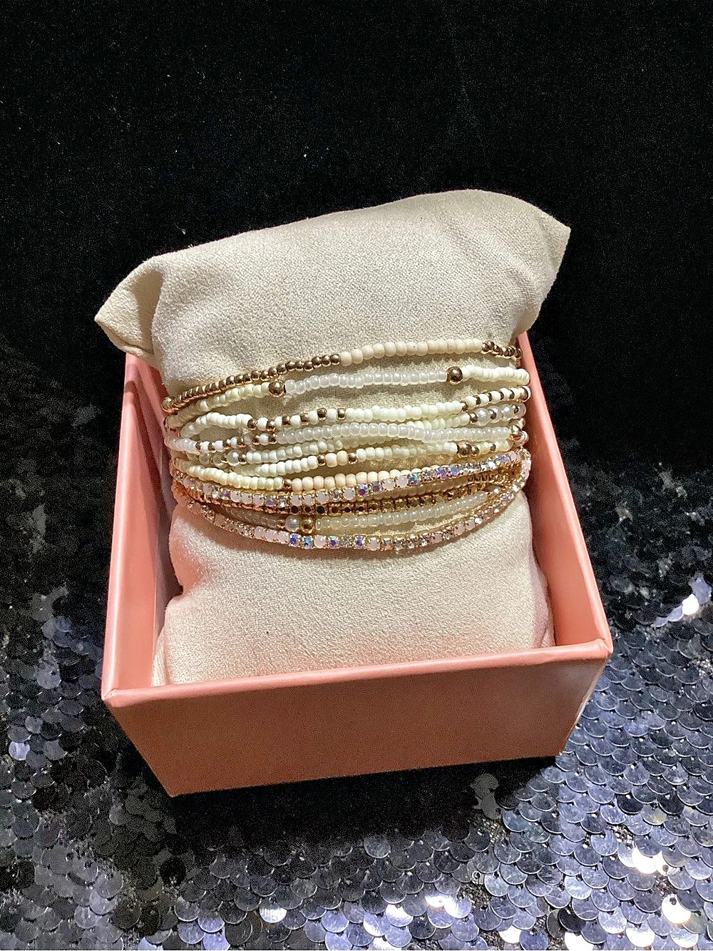 RUSH by Denis & Charles 12pc Beaded Bracelet Stack in Cream & Gold